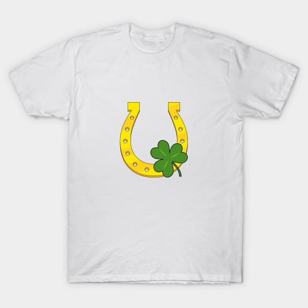 Lucky Golden Horseshoe with Shamrock on White T-Shirt by BirdAtWork